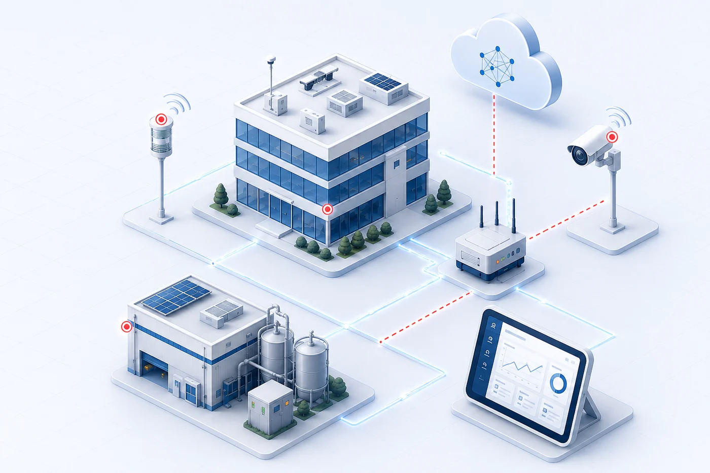 Concept illustration of connected buildings, industrial nodes, sensors, edge gateway, cloud and monitoring interface